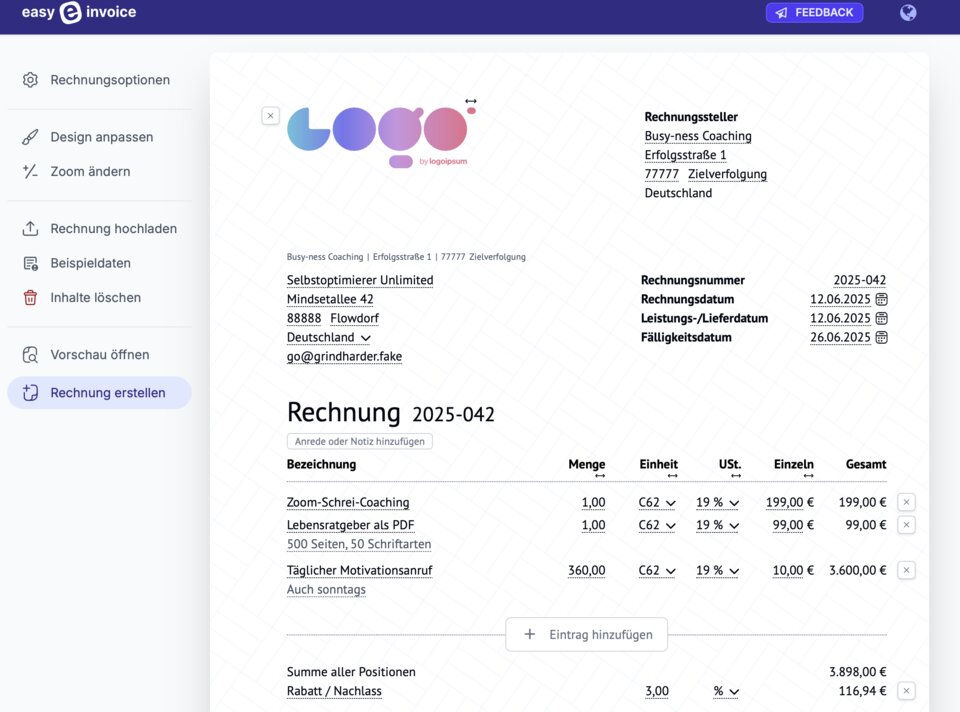 In easy-e-invoice lassen sich E-Rechnungen direkt im Browser erstellen. Eine Registrierung ist nicht nötig.