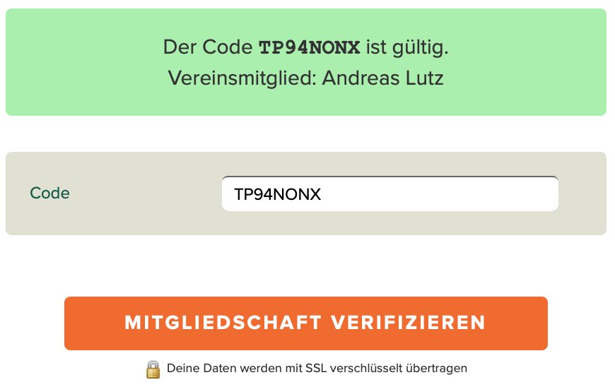 Mit dem Verifikationscode kann man auf sichere Weise nachweisen, dass man Vereinsmitglied ist