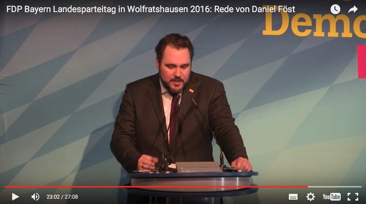 Minute 23:00 bis 25:00 der Rede von Generalsekretär Daniel Föst auf dem FDP-Landesparteitag in Wolfratshausen