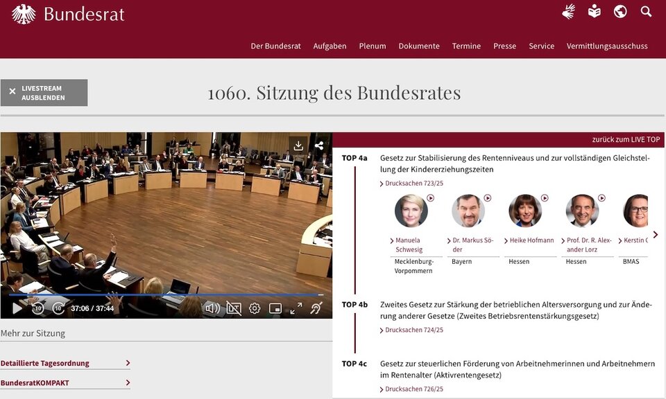 Livestream der 1060. Sitzung: Mit deutlicher Mehrheit stimmte der Bundesrat am 19.12.2025 dem Aktivrentengesetz zu. Selbstständige bleiben (zumindest vorerst) außen vor. 